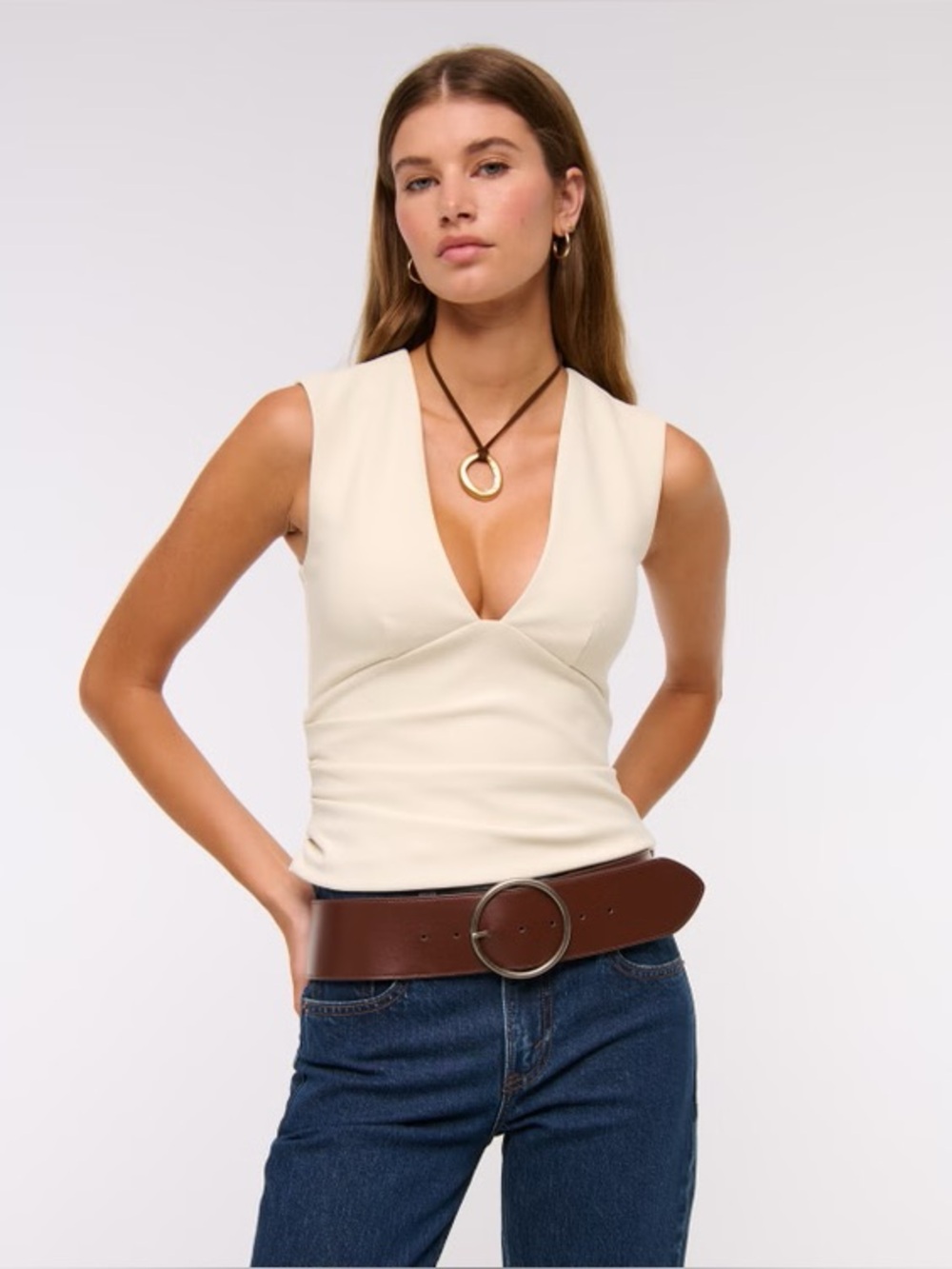 Abercrombie & Fitch Cream Bra Free Plunge Ruched Top